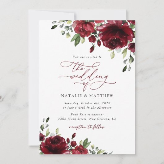 Invitation Fleurs Bourgognes, Fleurs rouges, Mariage Floral (Devant)