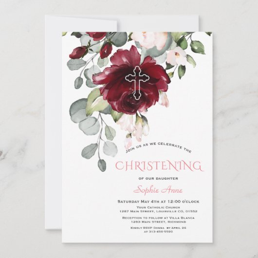 Invitation Fleurs Bourgognes rousses Cross Girl Christening (Devant)