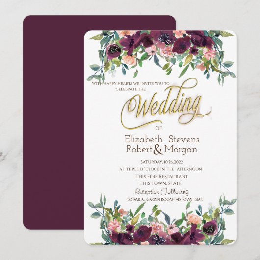 Invitation Fleurs Bourguignonnes Élégantes Mariage (Devant / Derrière)