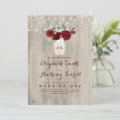 Invitation Fleurs bourguignonnes Mason Jar Mariage en bois ru (Debout devant)