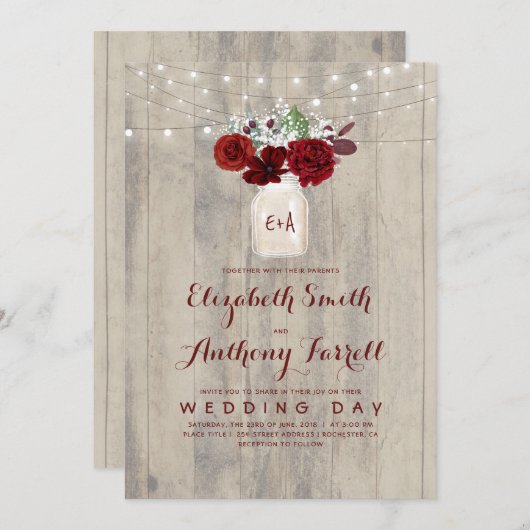 Invitation Fleurs bourguignonnes Mason Jar Mariage en bois ru (Devant / Derrière)