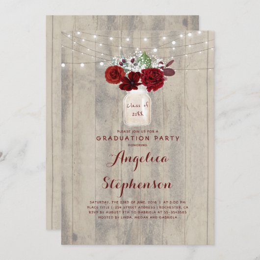 Invitation Fleurs Bourguignonnes Mason Jar Rustic Graduation  (Devant / Derrière)