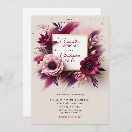 Invitation Fleurs bourguignonnes opulentes et mariage à cadre (Devant / Derrière)