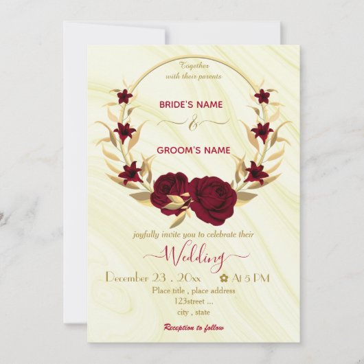 Invitation fleurs bourguignonnes or couronnes mariage (Devant)