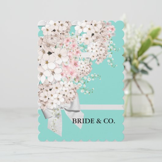 Invitation Fleurs BRIDE & treillis Turquoise douche bleue (Debout devant)