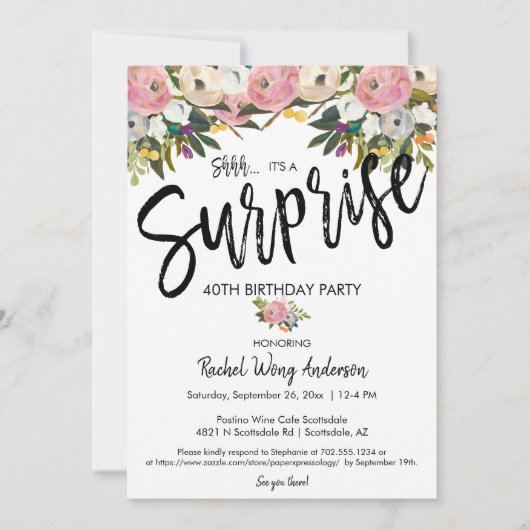 Invitation Fleurs brillantes Surprise Anniversaire Parti de r (Devant)