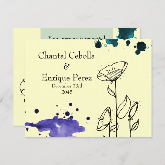 Invitation Fleurs brouillées bleues (Devant / Derrière)