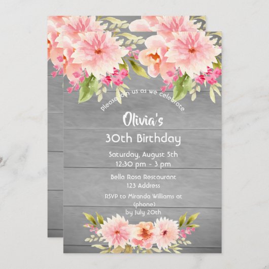 Invitation Fleurs broussailleuses en bois gris d'anniversaire (Devant / Derrière)