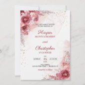 Invitation Fleurs Brousses Bourgogne Rose Faux Mariage or (Devant)