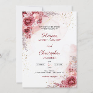 Invitation Fleurs Brousses Bourgogne Rose Faux Mariage or