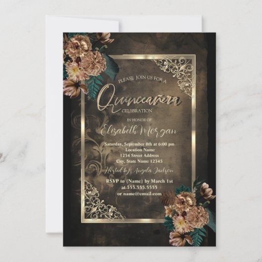 Invitation Fleurs Brown Cadre Or Gothique Quinceañera (Devant)