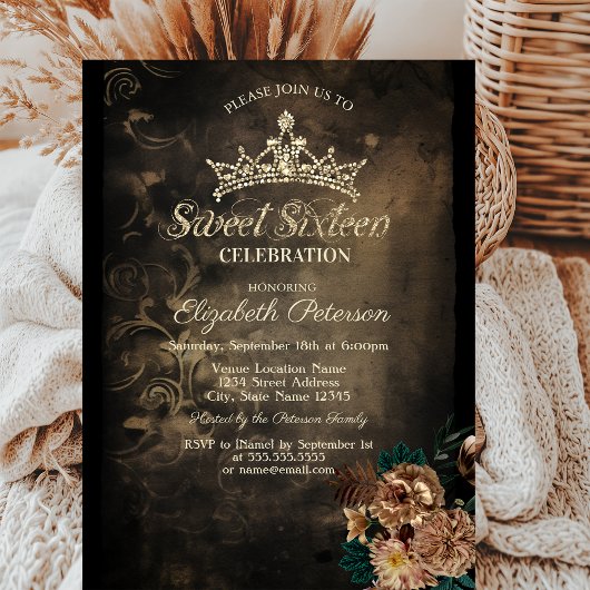 Invitation Fleurs Brown Damas Dark Gothic Sweet 16
