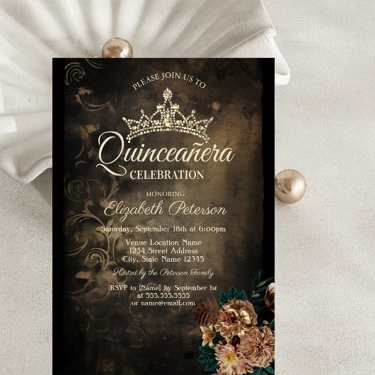 Invitation Fleurs Brown Damask Dark Gothic Quinceañera