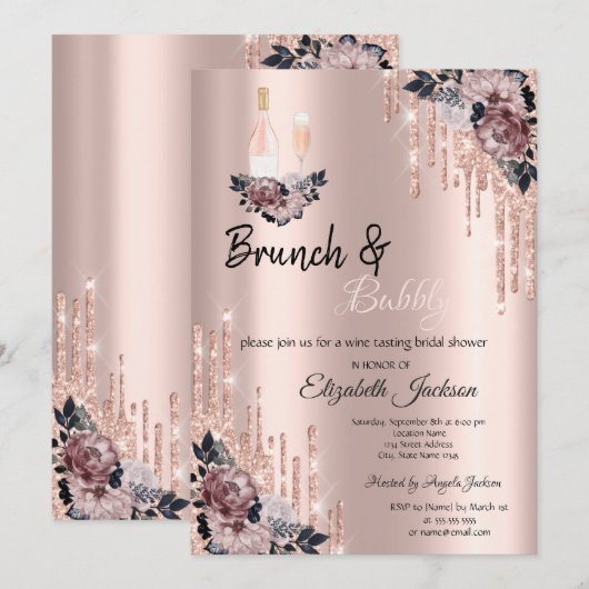 Invitation Fleurs, brunch Drips & Bubbly Shower de mariage (Devant / Derrière)