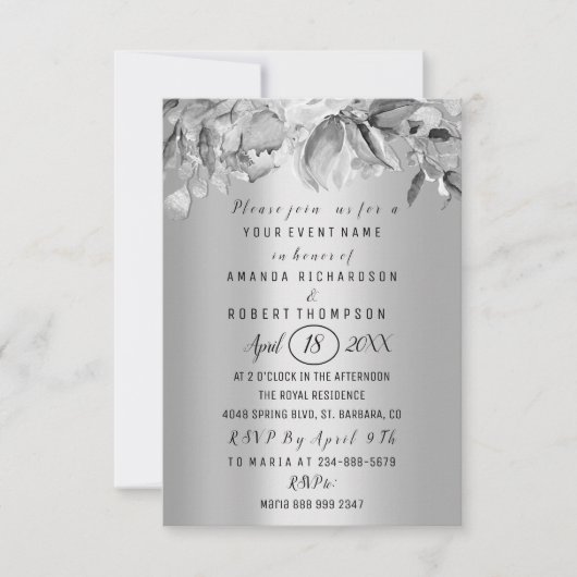 Invitation Fleurs Brunch Silver GRay Mariage Anniversaire (Devant)