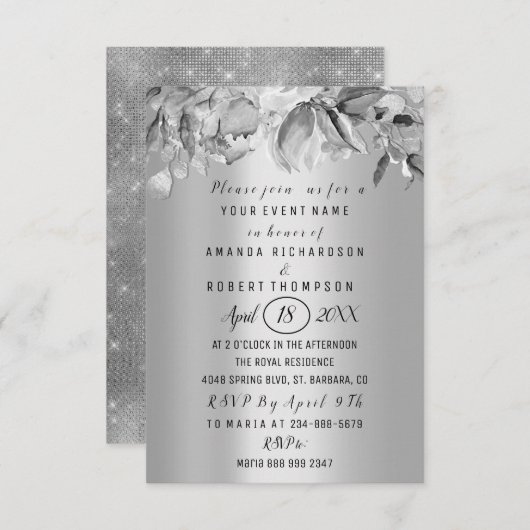 Invitation Fleurs Brunch Silver GRay Mariage Anniversaire (Devant / Derrière)