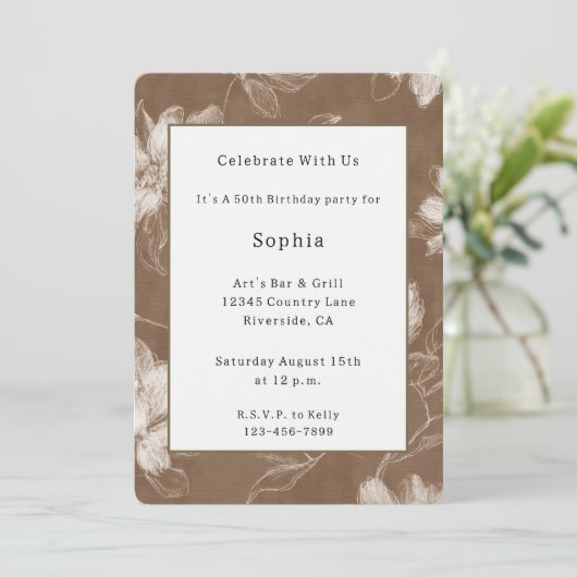 Invitation Fleurs Brunes Crème Anniversaire (Debout devant)
