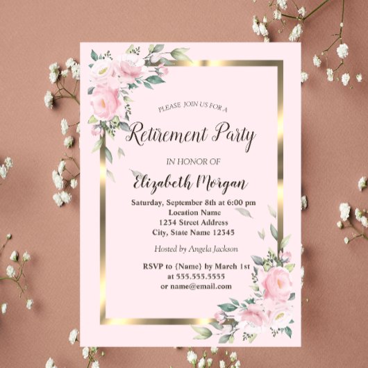 Invitation Fleurs Cadre Doré Rose Retraite