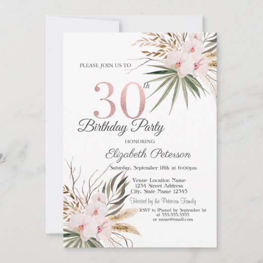 Invitation Fleurs Chic Boho 30 ans Anniversaire (Devant)