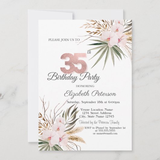 Invitation Fleurs Chic Boho 35e Anniversaire (Devant)