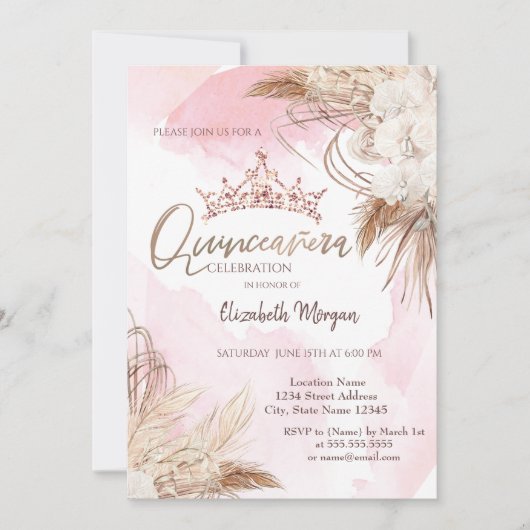 Invitation Fleurs Chic Boho, Couronne, Aquarelle Quinceañera (Devant)