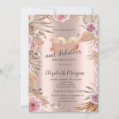 Invitation Fleurs Chic Boho Rose Doré 100e Anniversaire (Devant)