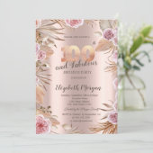 Invitation Fleurs Chic Boho Rose Doré 100e Anniversaire (Debout devant)