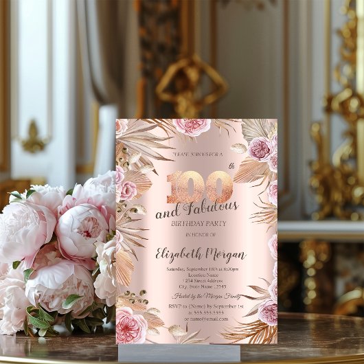 Invitation Fleurs Chic Boho Rose Doré 100e Anniversaire