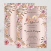 Invitation Fleurs Chic Boho Rose Doré 40e Anniversaire (Devant / Derrière)
