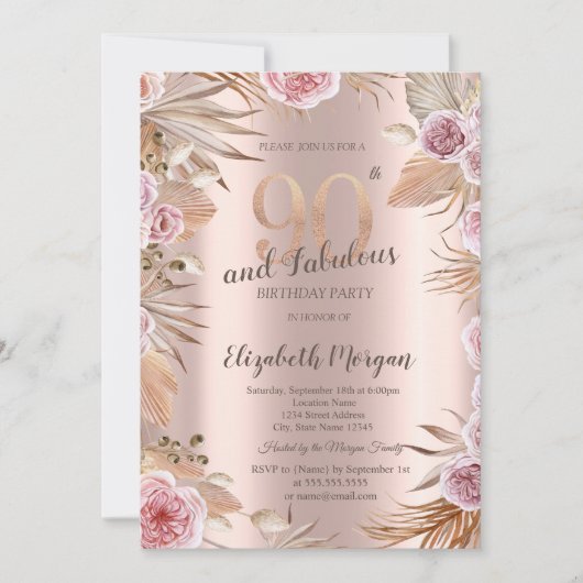 Invitation Fleurs Chic Boho Rose Doré 90e Anniversaire (Devant)