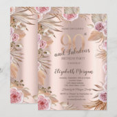 Invitation Fleurs Chic Boho Rose Doré 90e Anniversaire (Devant / Derrière)