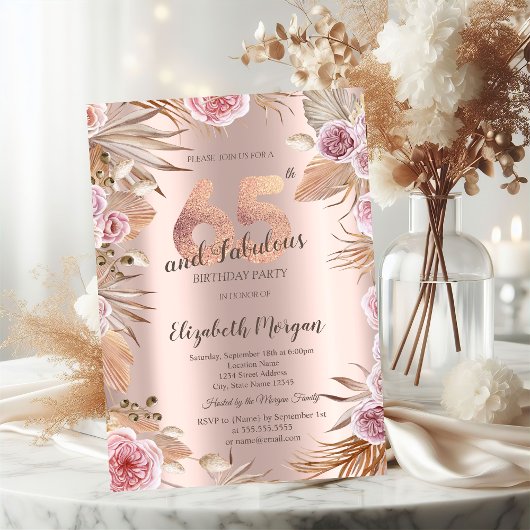Invitation Fleurs Chic Boho Rose Gold 65e Anniversaire
