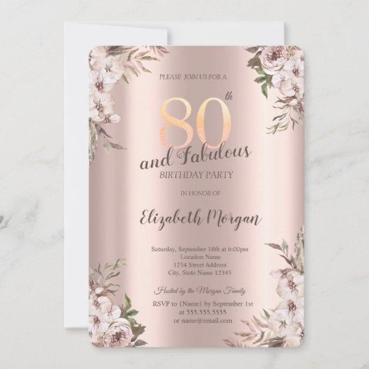 Invitation Fleurs Chic Boho Rose Gold 80e Anniversaire (Devant)
