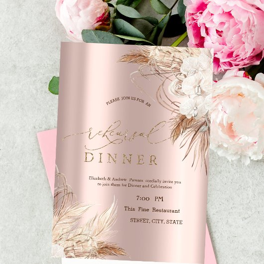 Invitation Fleurs Chic Boho Rose Gold Dîner de Répétition