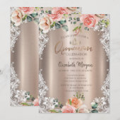 Invitation Fleurs Chic, Dentelle, Tiara Quinceañera (Devant / Derrière)