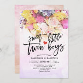 Invitation Fleurs Chic Fête de Naissance Douce Petits Jumeaux (Devant / Derrière)