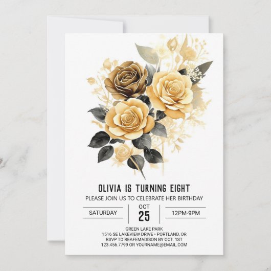 Invitation Fleurs Chic Or et Noir Anniversaire (Devant)