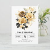 Invitation Fleurs Chic Or et Noir Anniversaire (Debout devant)