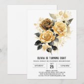 Invitation Fleurs Chic Or et Noir Anniversaire (Devant / Derrière)