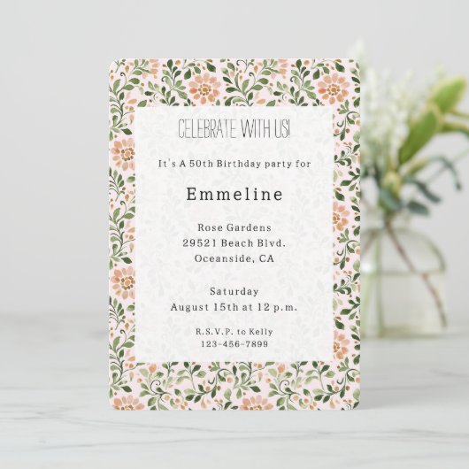 Invitation Fleurs Chic Rose Anniversaire (Debout devant)