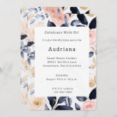 Invitation Fleurs Chic Rose Bleu Anniversaire (Devant / Derrière)