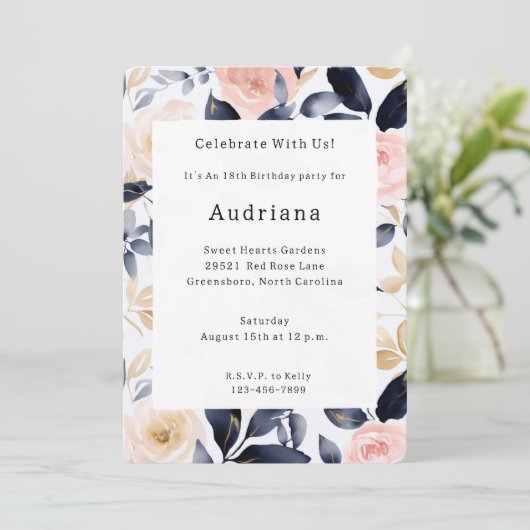 Invitation Fleurs Chic Rose Bleu Anniversaire (Debout devant)