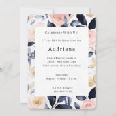 Invitation Fleurs Chic Rose Bleu Anniversaire (Devant)