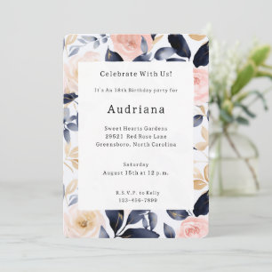 Invitation Fleurs Chic Rose Bleu Anniversaire