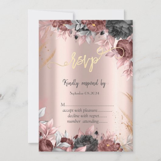 Invitation Fleurs chic Rose foncé or Rose RSVP (Devant)