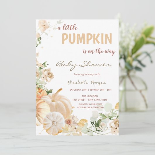 Invitation Fleurs Citrouilles blanches chic (Debout devant)