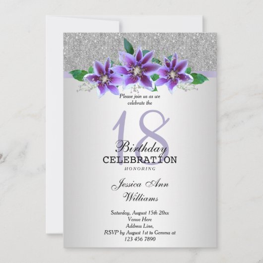 Invitation Fleurs Clematis et Argent Classy 18e anniversaire (Devant)