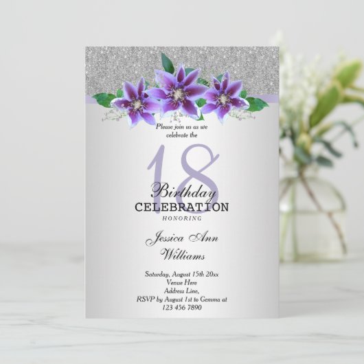 Invitation Fleurs Clematis et Argent Classy 18e anniversaire (Debout devant)