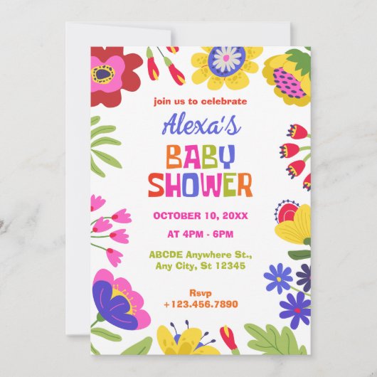 Invitation Fleurs colorées baby shower amusant (Devant)