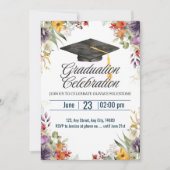 Invitation Fleurs colorées Casquette Topper Graduation Celebr (Devant)